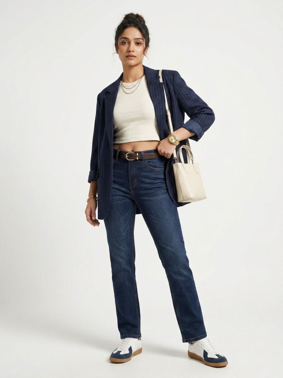 Straight-Fit High-Rise Dark Blue Denim with Whisker Effect