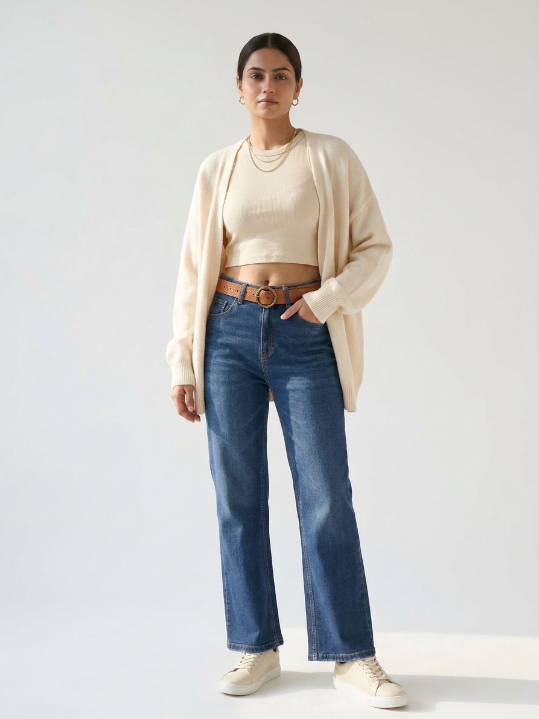 Straight-Fit High-Rise Dark Blue Denim with Frayed Detailing