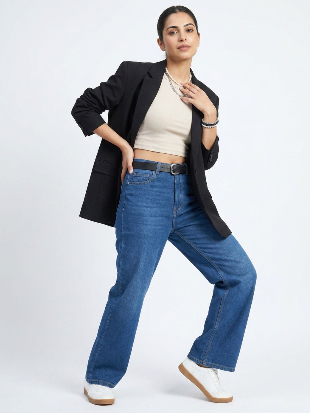 High-Rise Wide-Leg Washed Blue Denim
