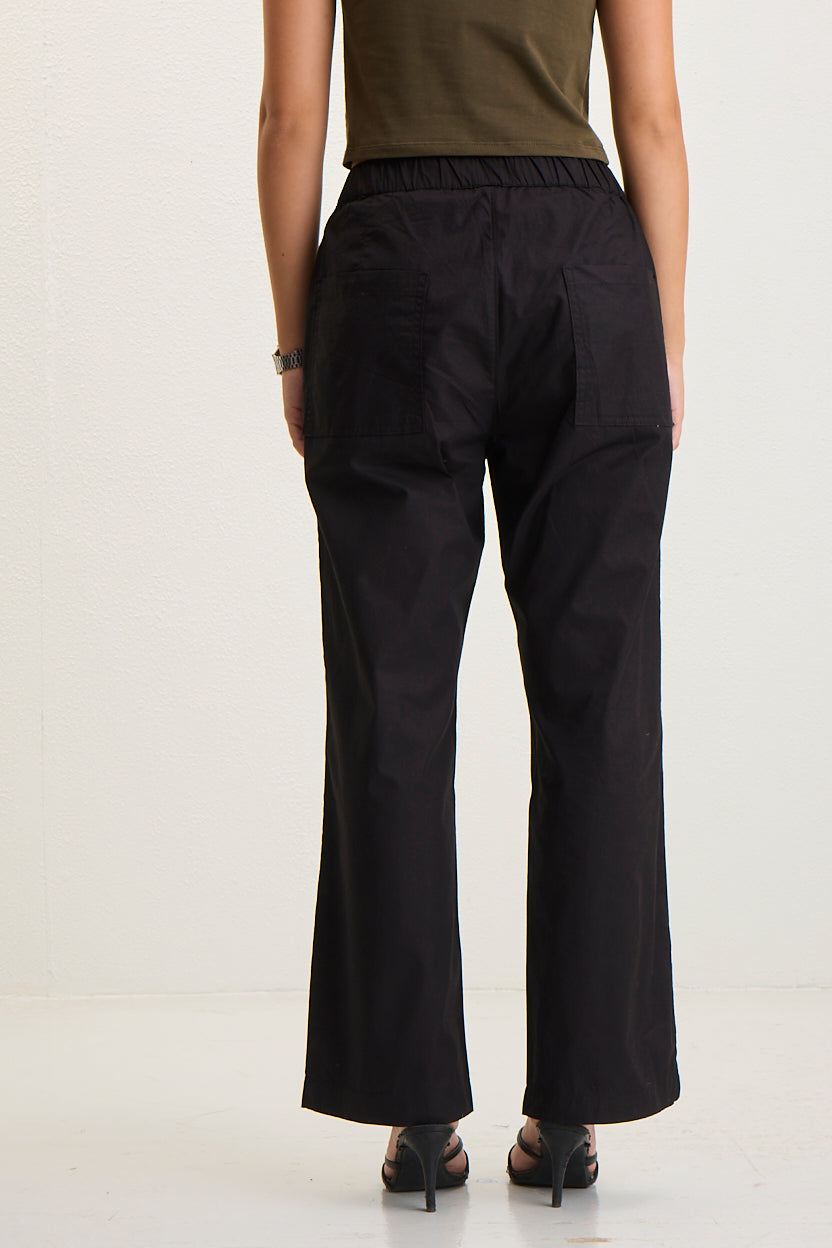 Women's Elastic Waist Straight Fit Cotton Pants - Black