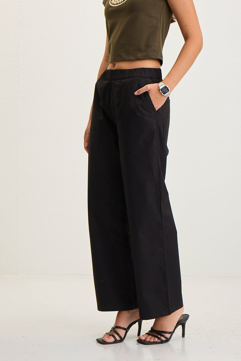 Women's Elastic Waist Straight Fit Cotton Pants - Black