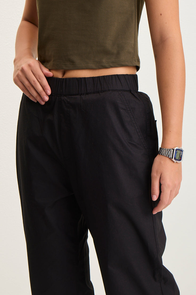 Women's Elastic Waist Straight Fit Cotton Pants - Black