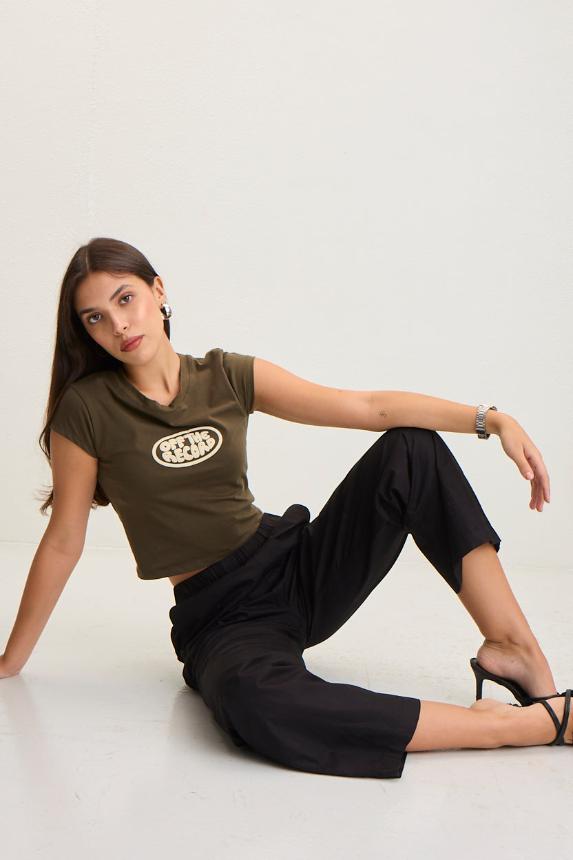 Women's Elastic Waist Straight Fit Cotton Pants - Black