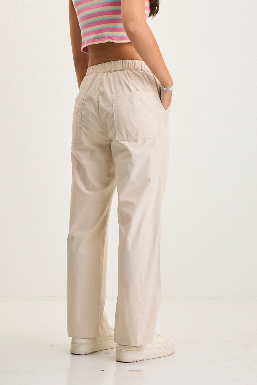 Women's Elastic Waist Straight Fit Cotton Pants - Cream