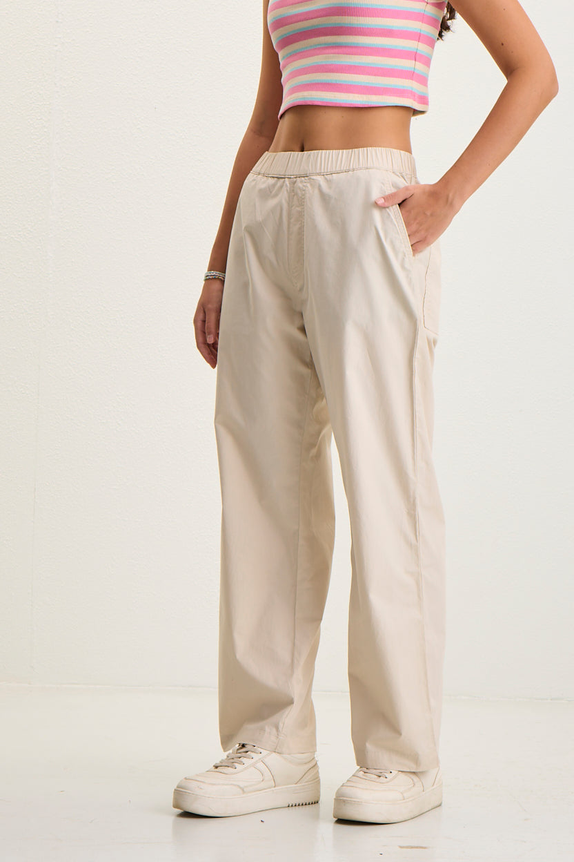 Women's Elastic Waist Straight Fit Cotton Pants - Cream