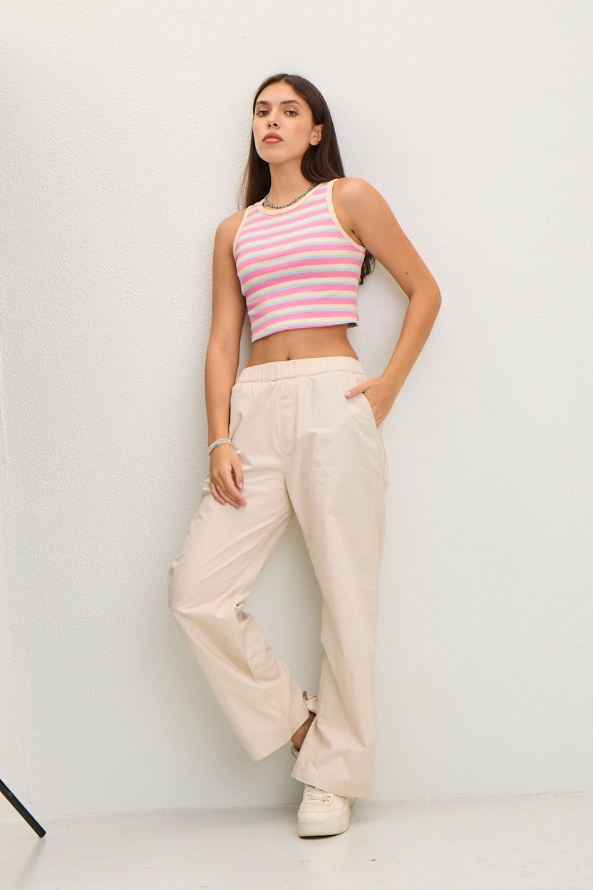 Women's Elastic Waist Straight Fit Cotton Pants - Cream