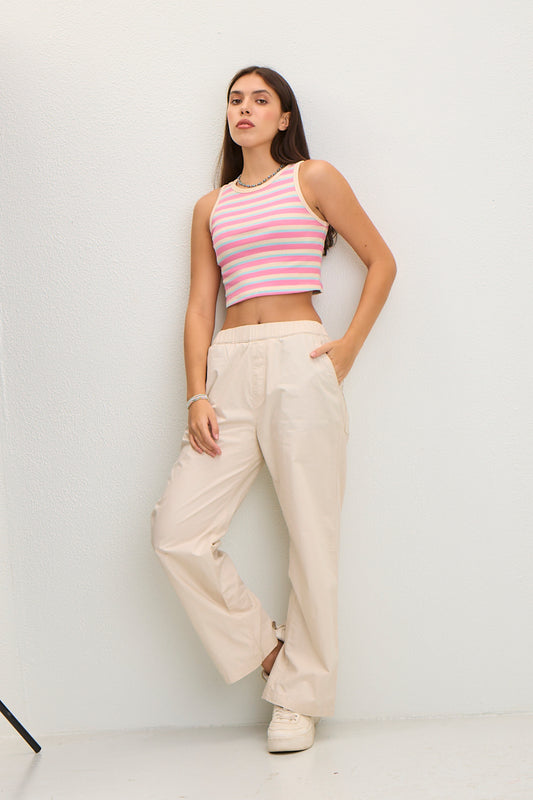 Women's Elastic Waist Straight Fit Cotton Pants - Cream