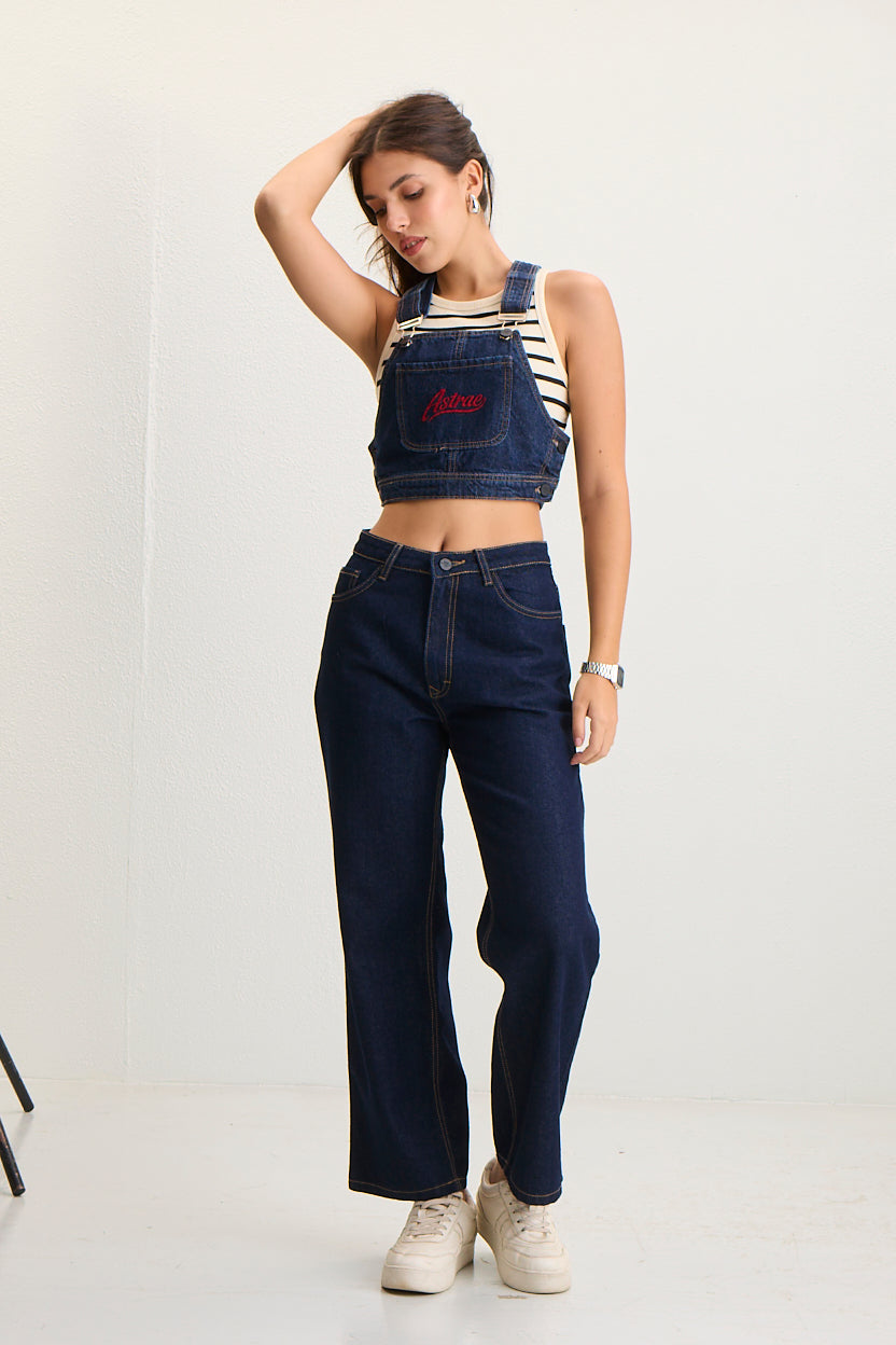 Dark Wash Crop Denim Overalls Top with Pocket- cobalt