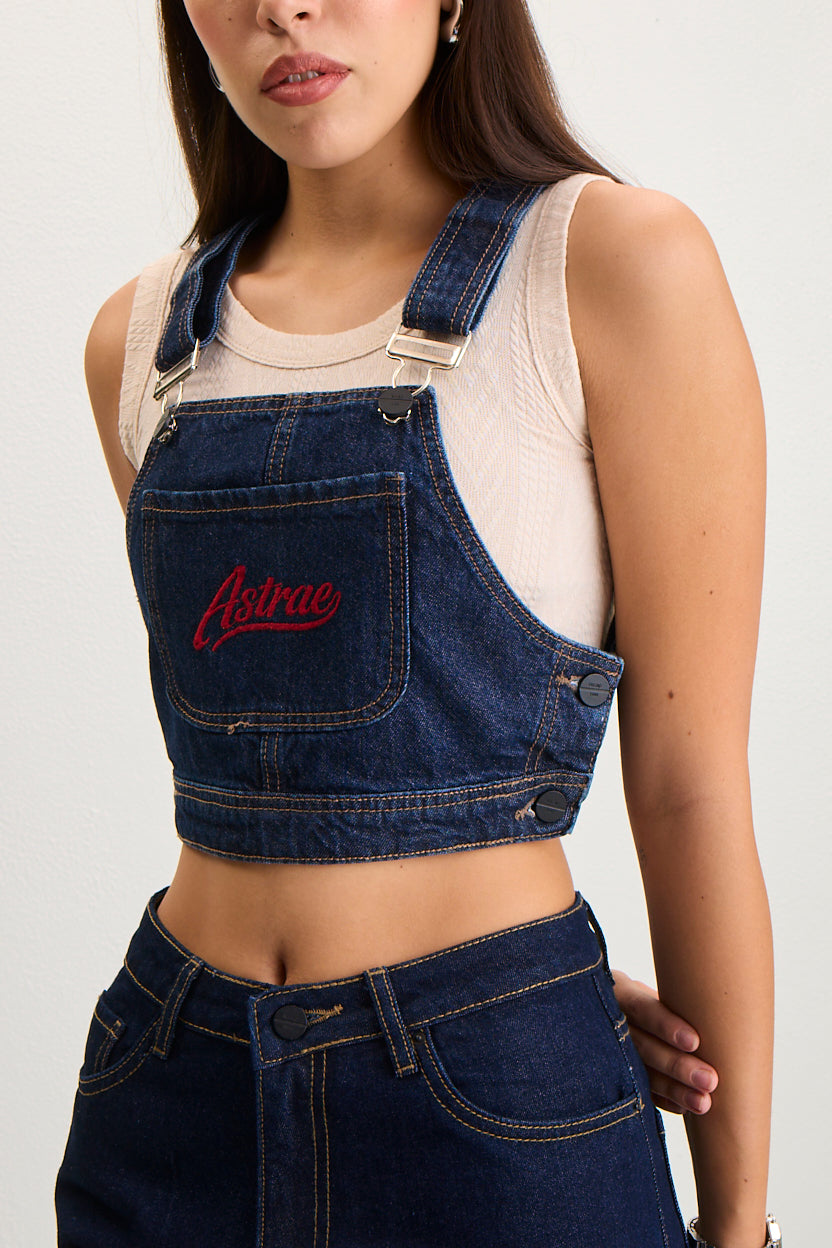 Dark Wash Crop Denim Overalls Top with Pocket- cobalt