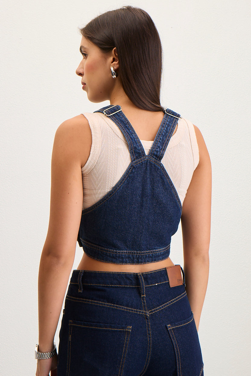 Dark Wash Crop Denim Overalls Top with Pocket- cobalt