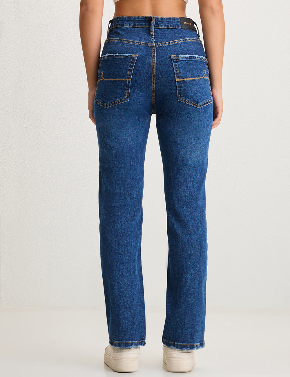 Straight-Fit High-Rise Dark Blue Denim with Frayed Detailing
