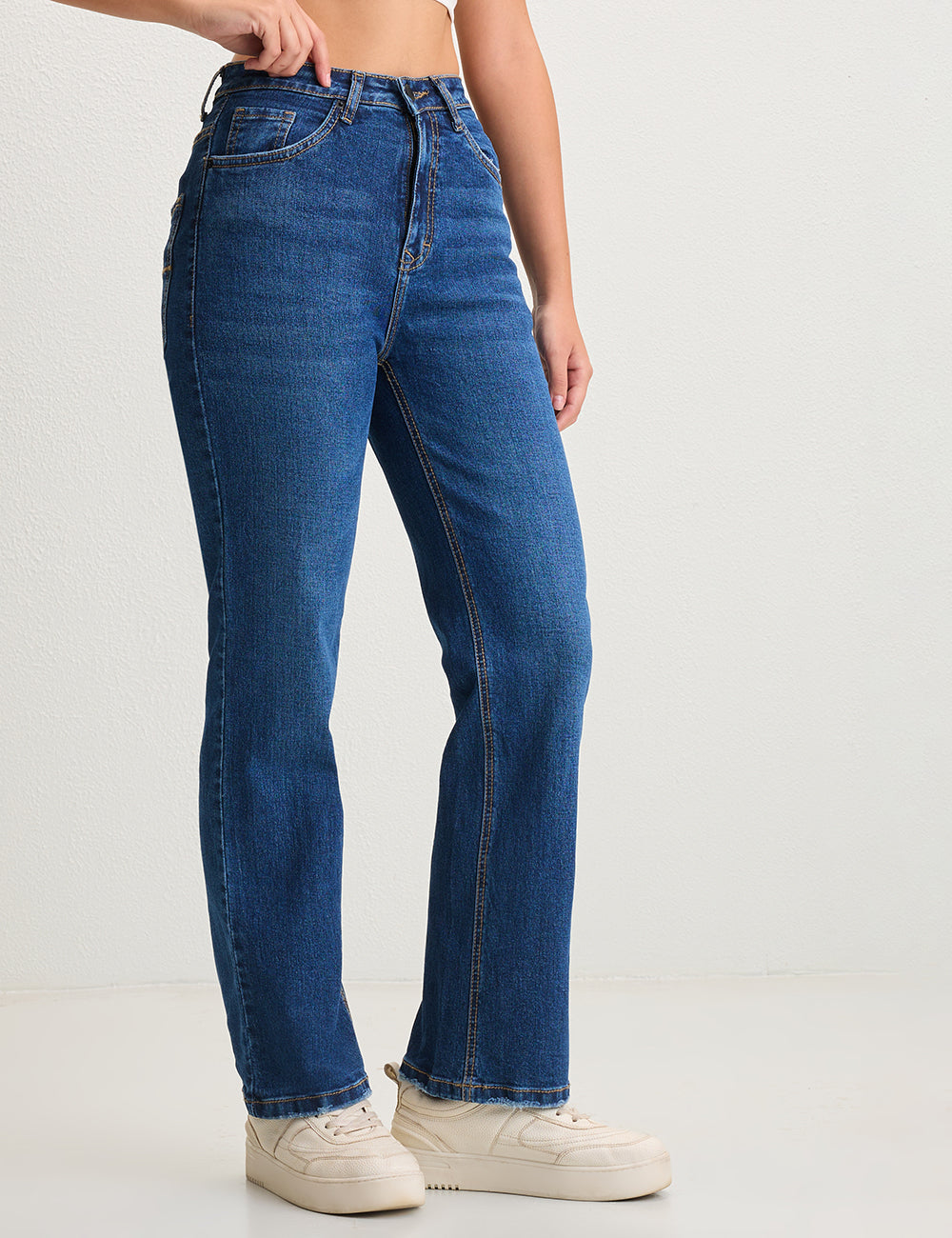 Straight-Fit High-Rise Dark Blue Denim with Frayed Detailing
