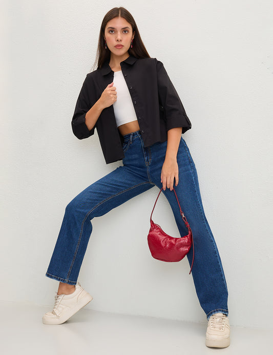 Straight-Fit High-Rise Dark Blue Denim with Frayed Detailing