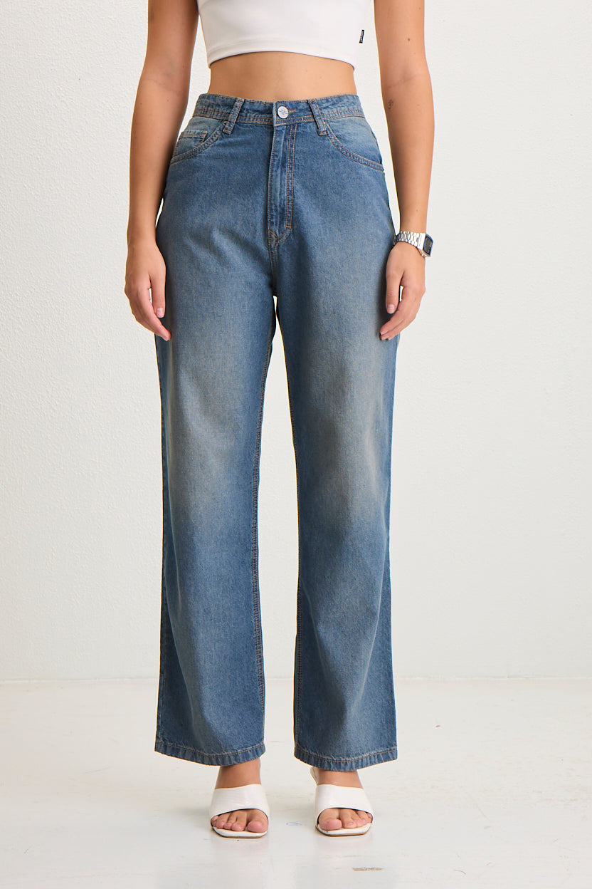 Women's High-Waisted Wide-Leg Denim Jeans - Dark Wash