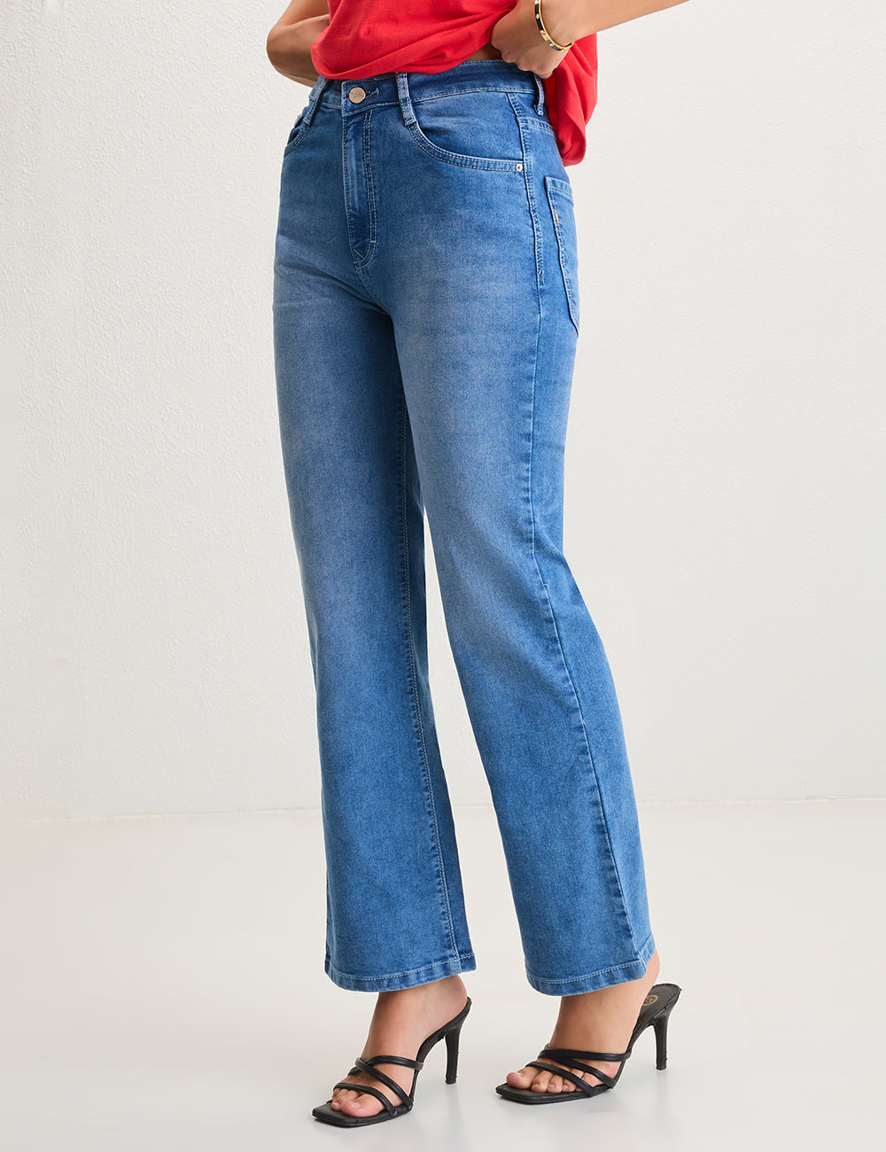 Straight-Fit High-Rise Blue Denim with Whisker Effect