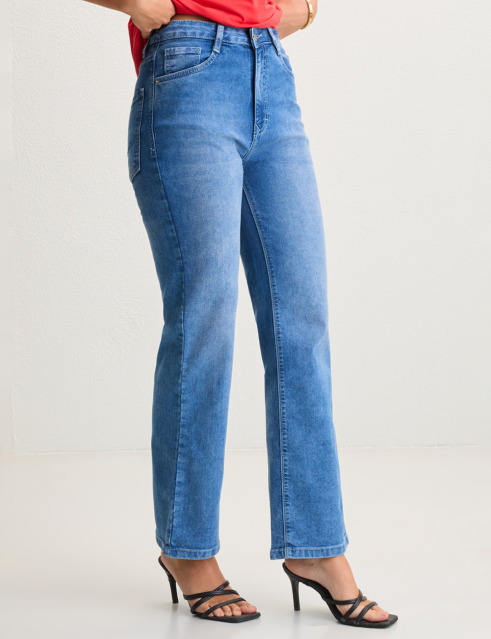 Straight-Fit High-Rise Blue Denim with Whisker Effect