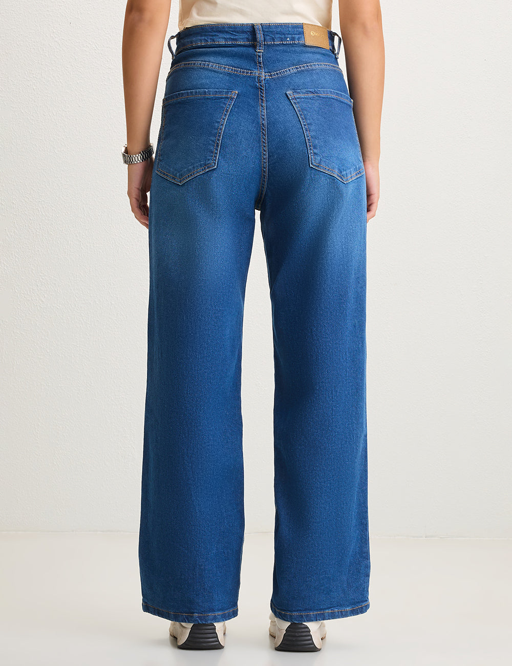 High-Rise Wide-Leg Washed Blue Denim