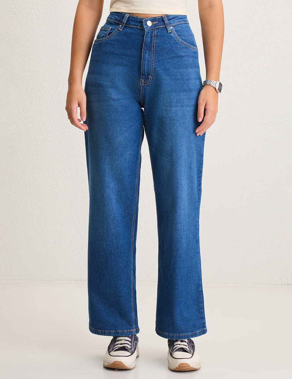 High-Rise Wide-Leg Washed Blue Denim
