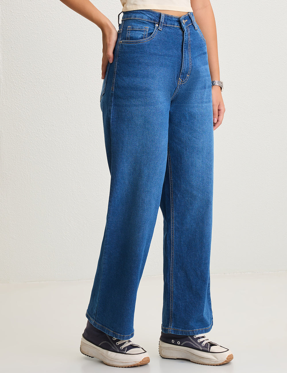 High-Rise Wide-Leg Washed Blue Denim