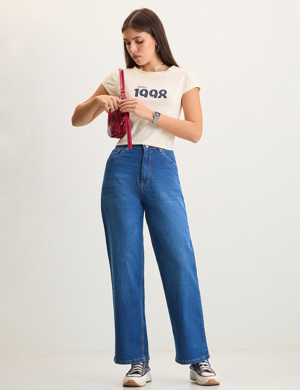 High-Rise Wide-Leg Washed Blue Denim