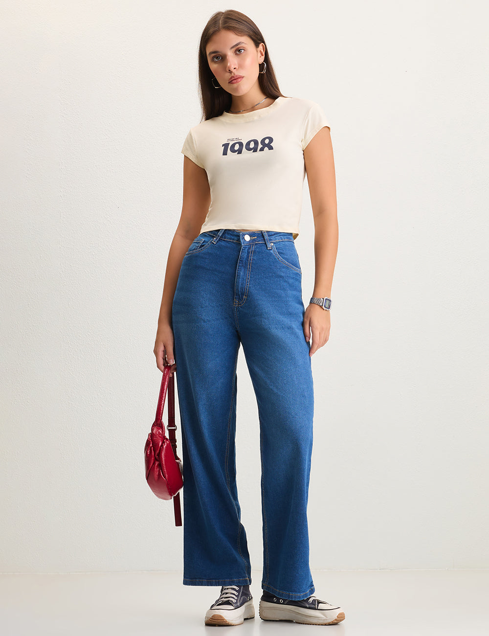 High-Rise Wide-Leg Washed Blue Denim
