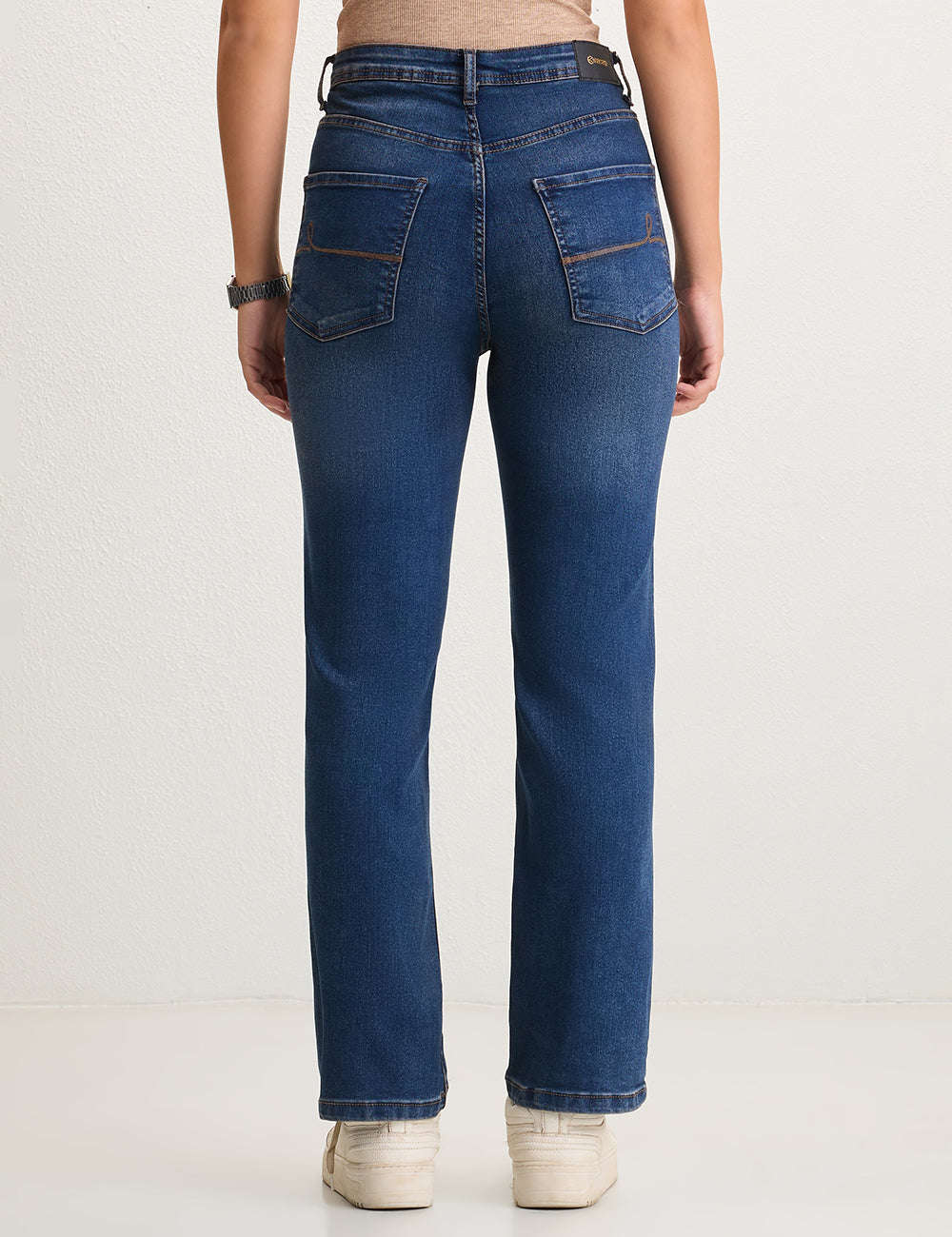 Straight-Fit High-Rise Dark Blue Denim with Whisker Effect
