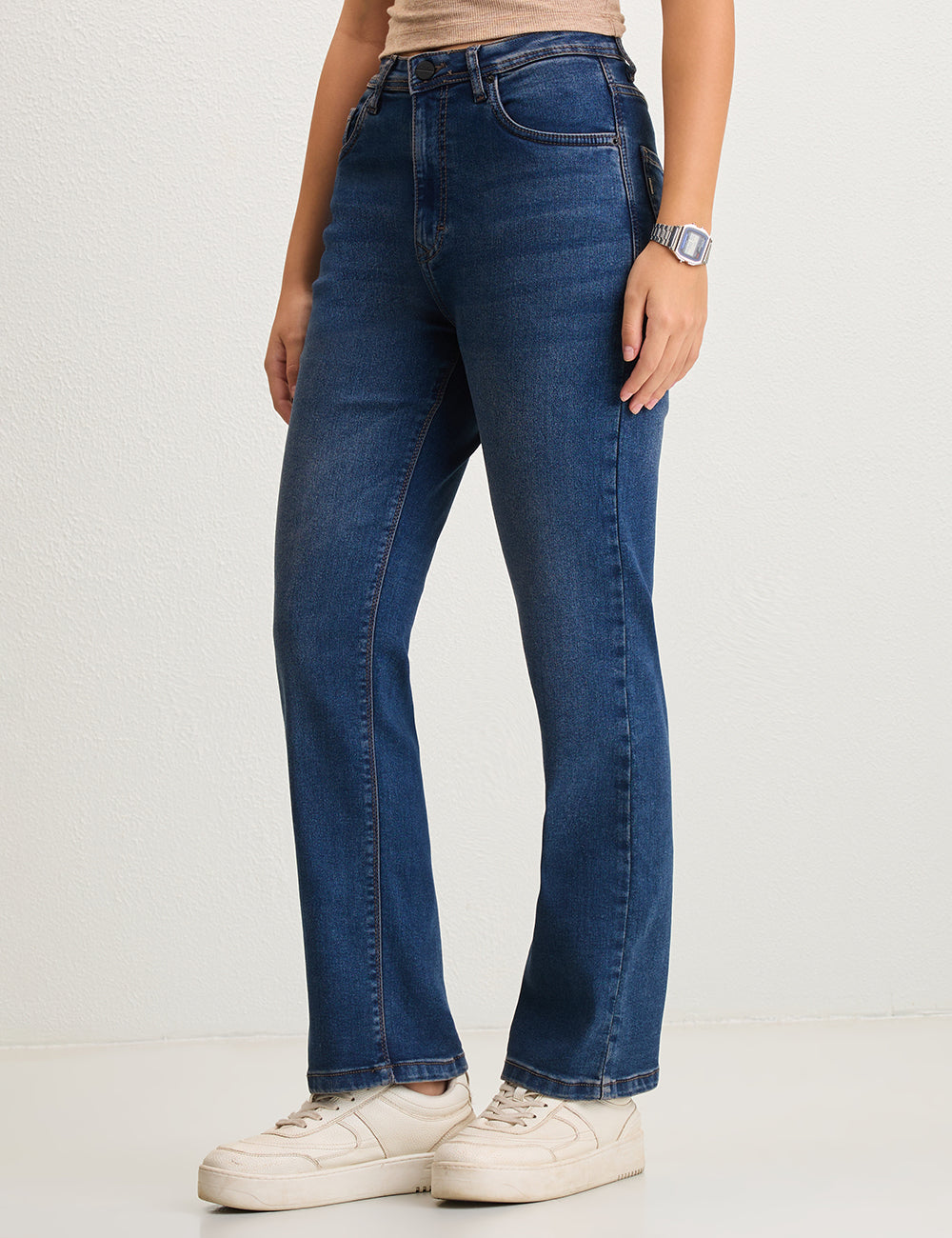 Straight-Fit High-Rise Dark Blue Denim with Whisker Effect