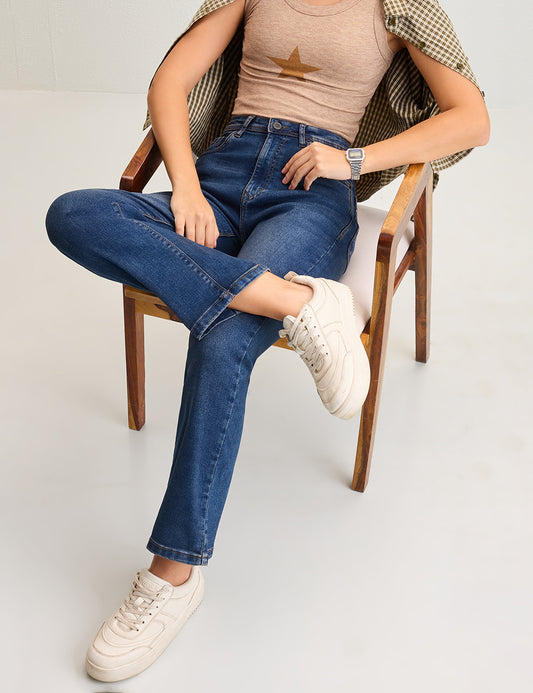 Straight-Fit High-Rise Dark Blue Denim with Whisker Effect