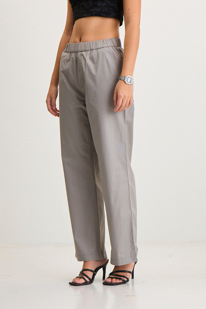 Women's Elastic Waist Straight Fit Cotton Pants - Grey