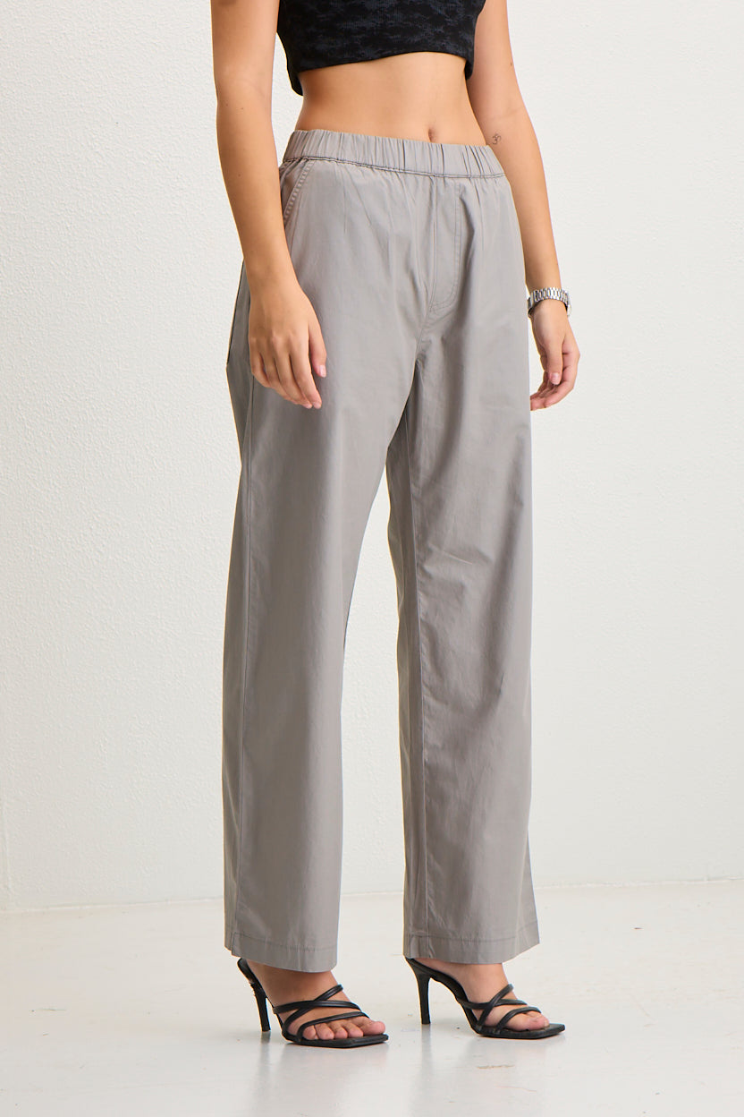 Women's Elastic Waist Straight Fit Cotton Pants - Grey