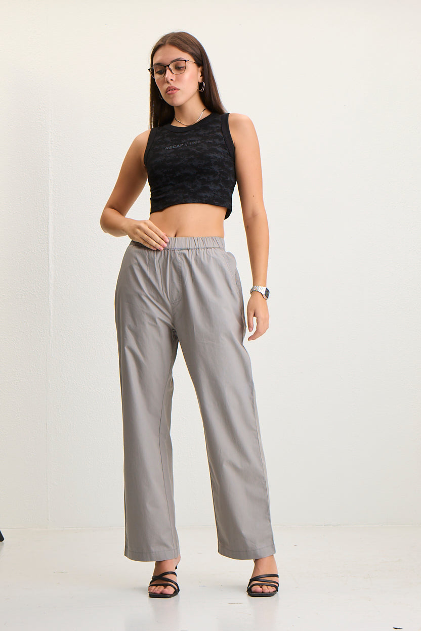 Women's Elastic Waist Straight Fit Cotton Pants - Grey