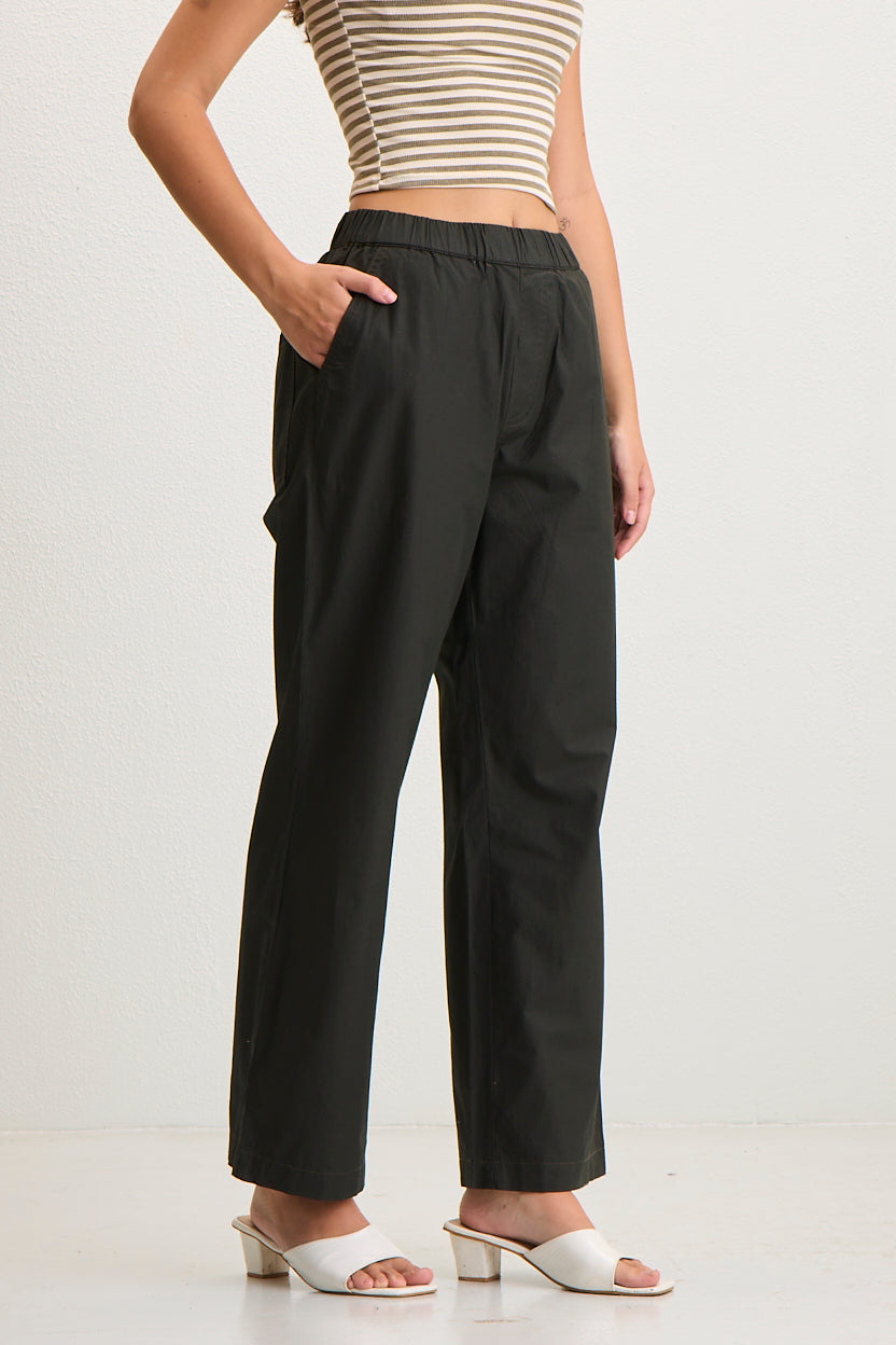 Women's Elastic Waist Straight Fit Cotton Pants - Dark olive