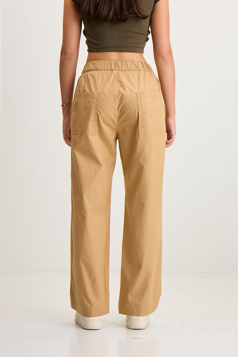 Women's Elastic Waist Straight Fit Cotton Pants - khakhi
