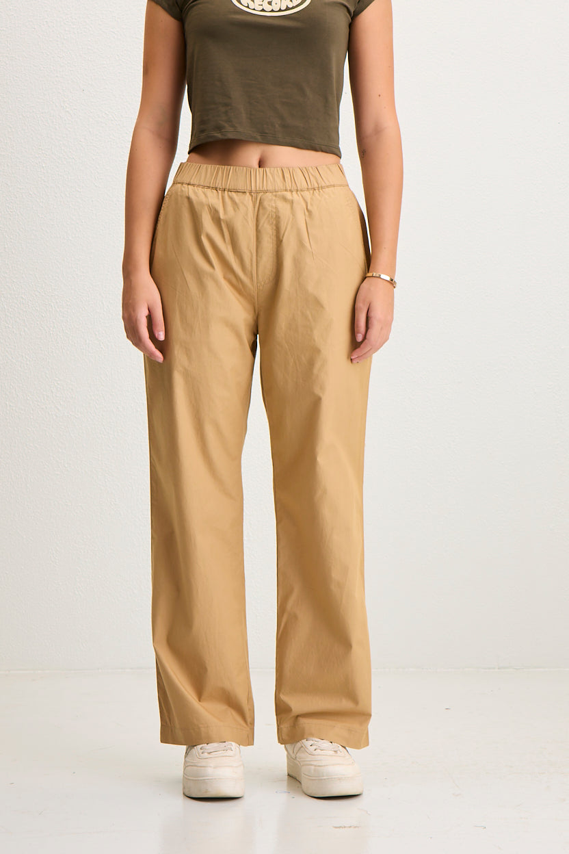 Women's Elastic Waist Straight Fit Cotton Pants - khakhi
