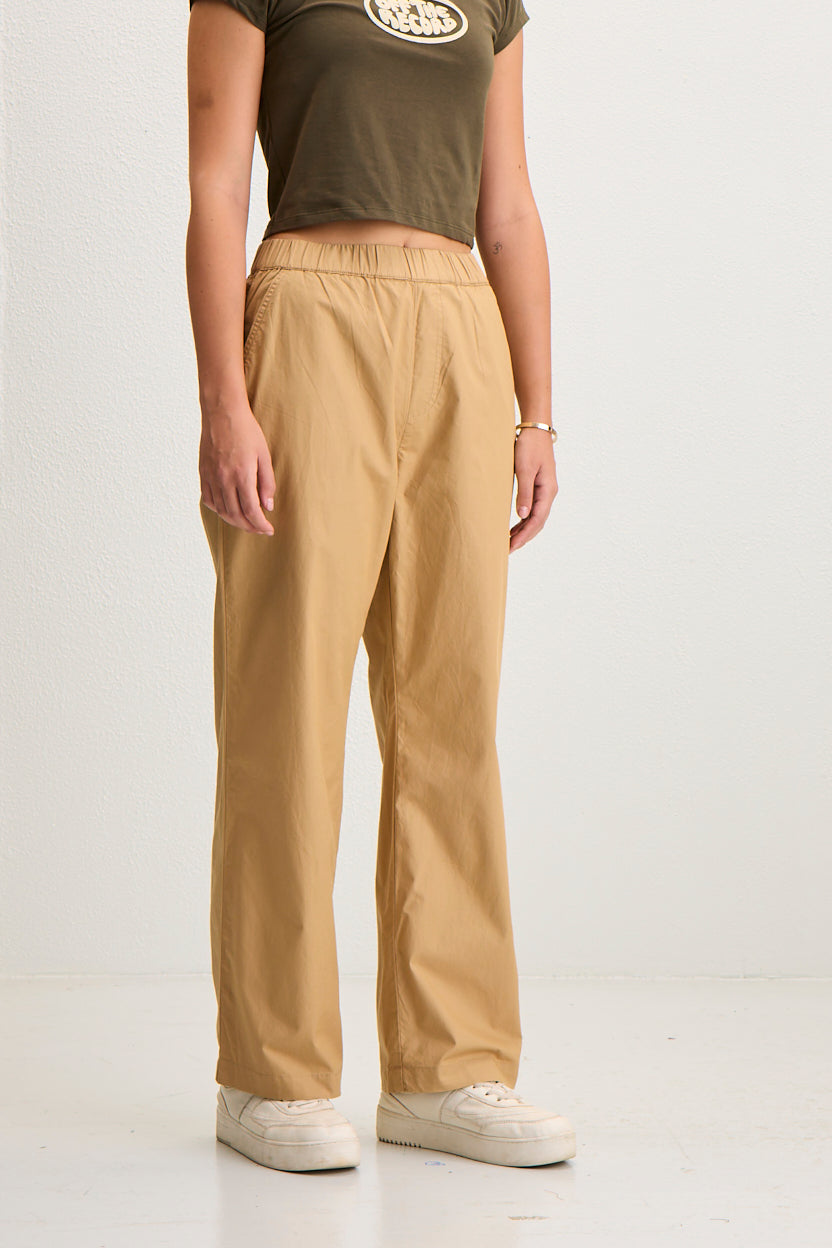 Women's Elastic Waist Straight Fit Cotton Pants - khakhi
