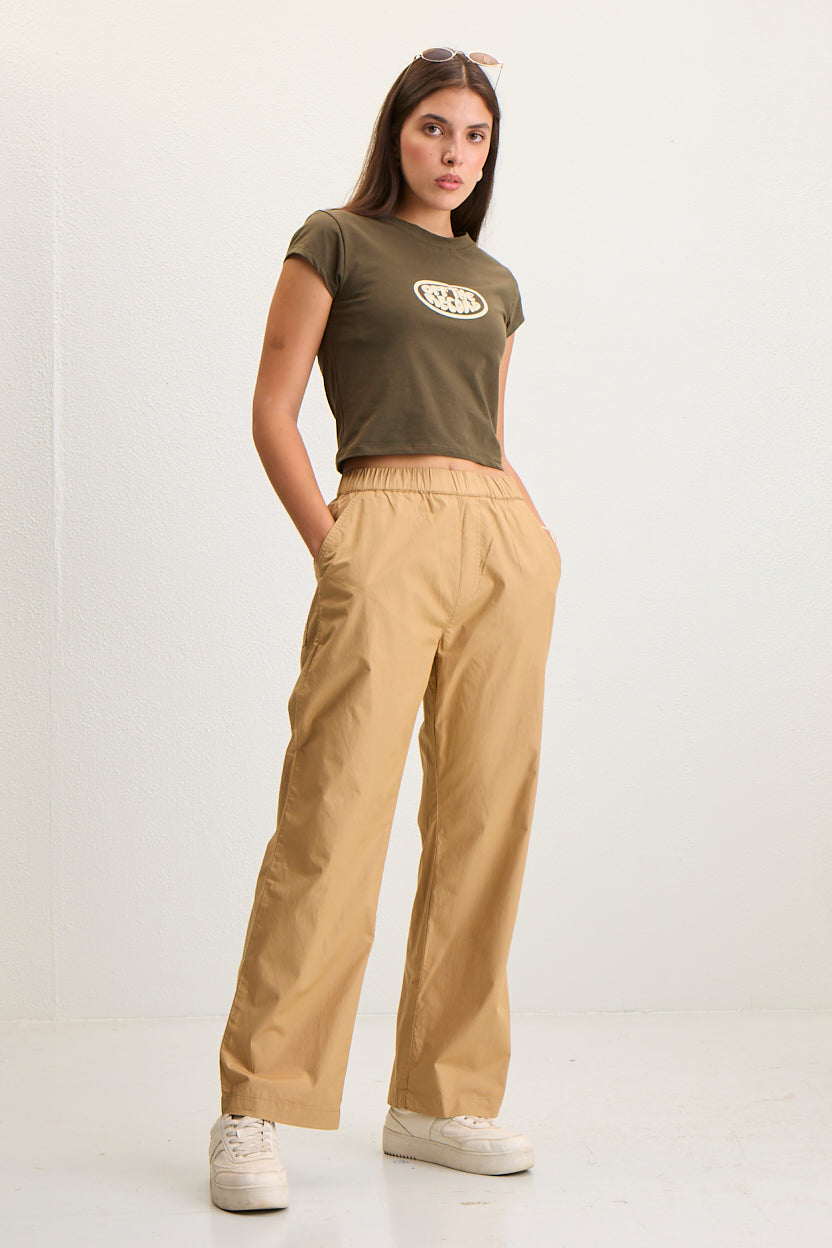 Women's Elastic Waist Straight Fit Cotton Pants - khakhi