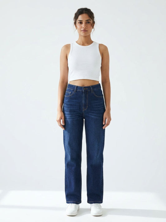 Bootcut High-Rise Dark Blue Denim with Stitch Detailing
