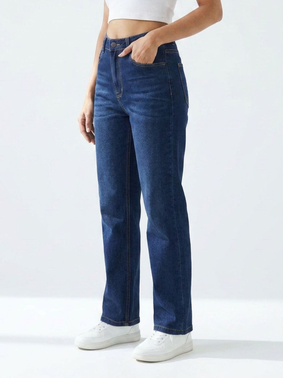 Bootcut High-Rise Dark Blue Denim with Stitch Detailing