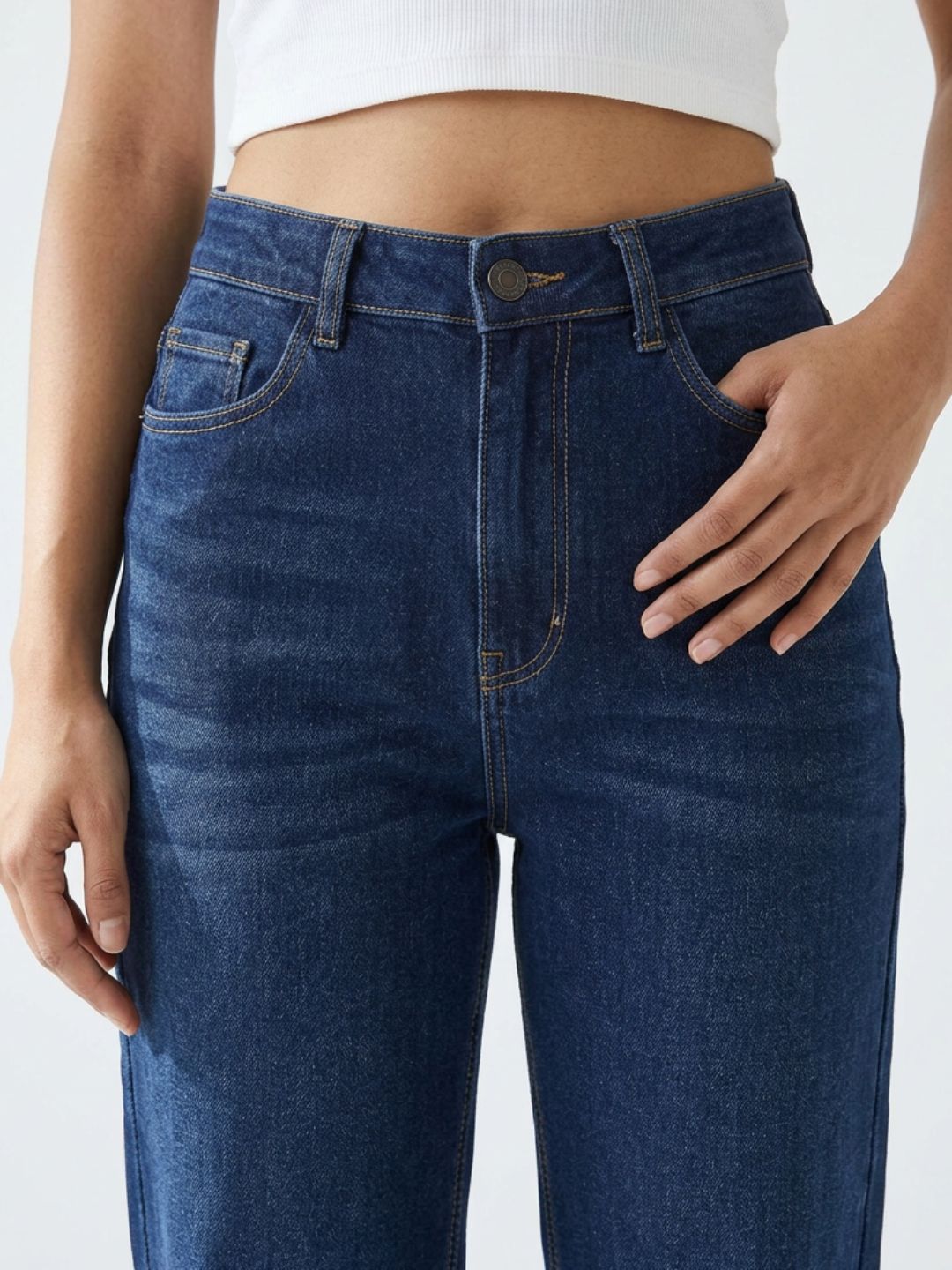 Bootcut High-Rise Dark Blue Denim with Stitch Detailing