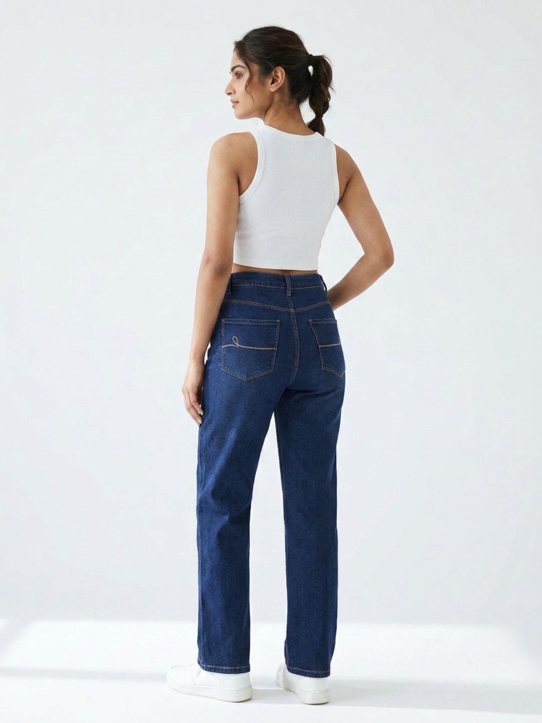 Bootcut High-Rise Dark Blue Denim with Stitch Detailing