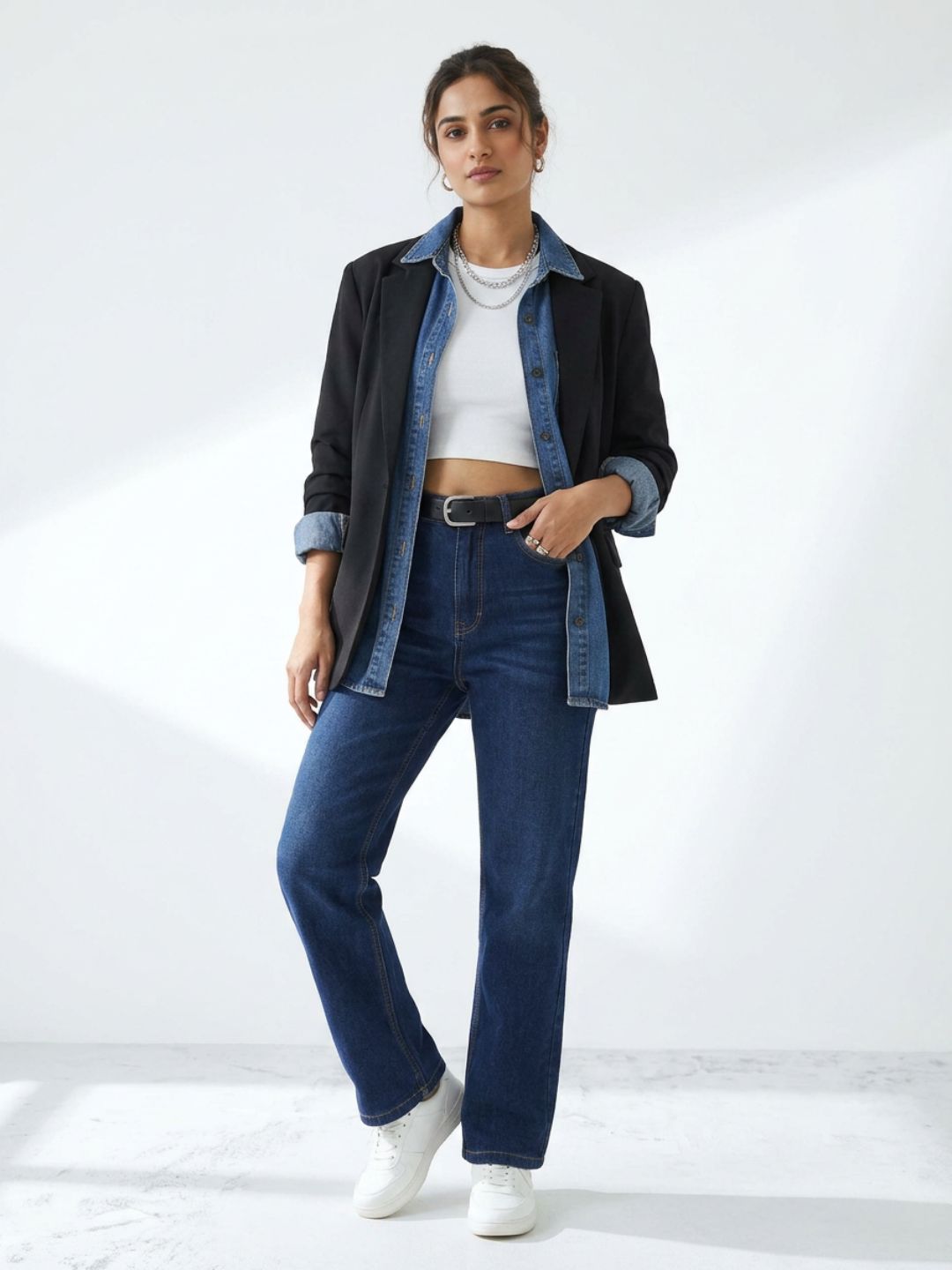 Bootcut High-Rise Dark Blue Denim with Stitch Detailing