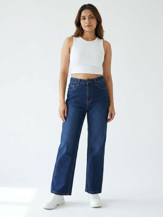 Straight-Fit High-Rise Dark Blue Denim