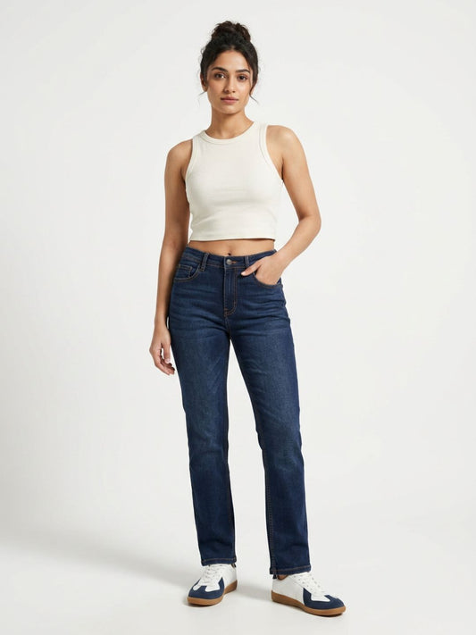 Straight-Fit High-Rise Dark Blue Denim with Whisker Effect