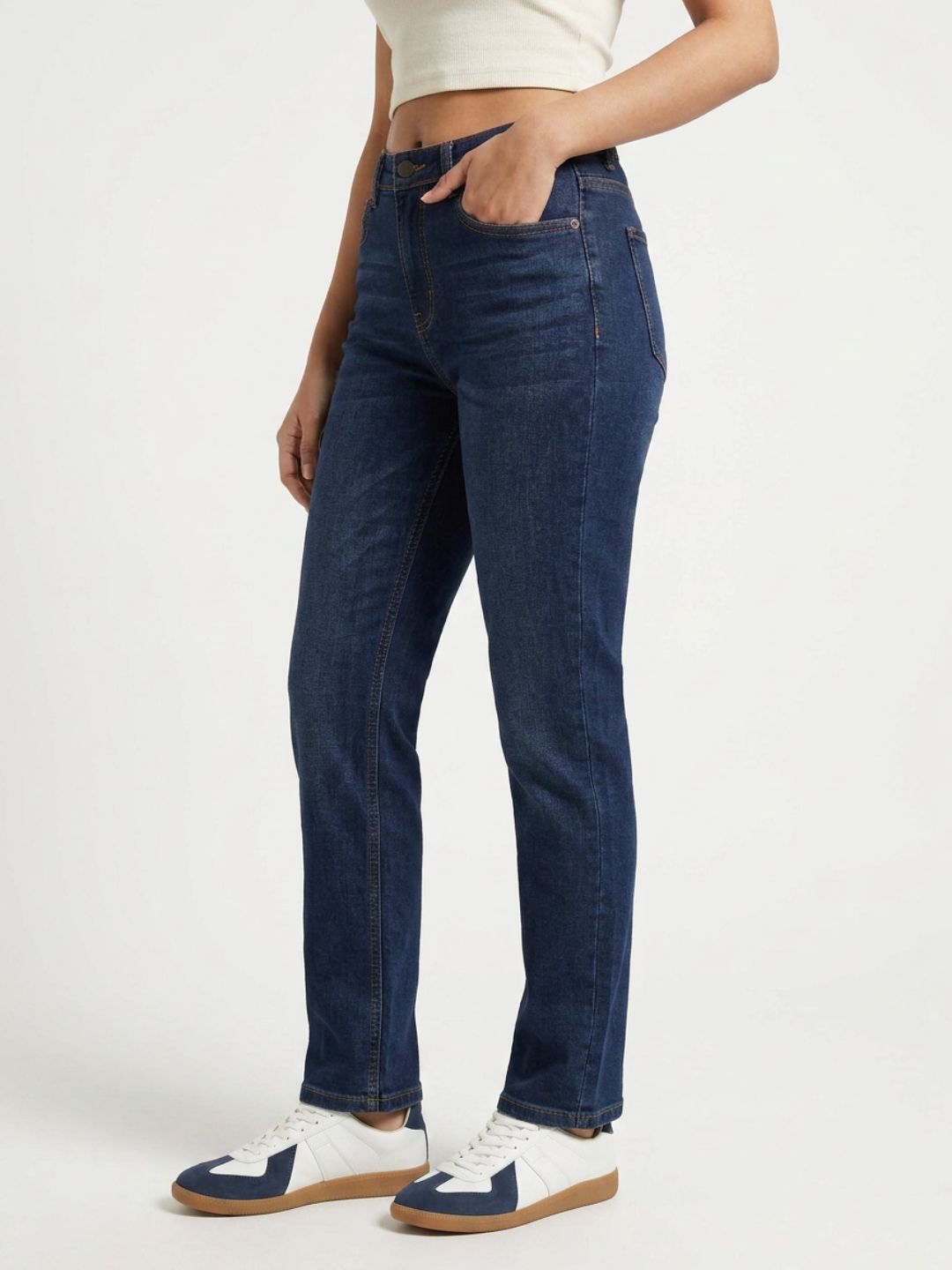 Straight-Fit High-Rise Dark Blue Denim with Whisker Effect