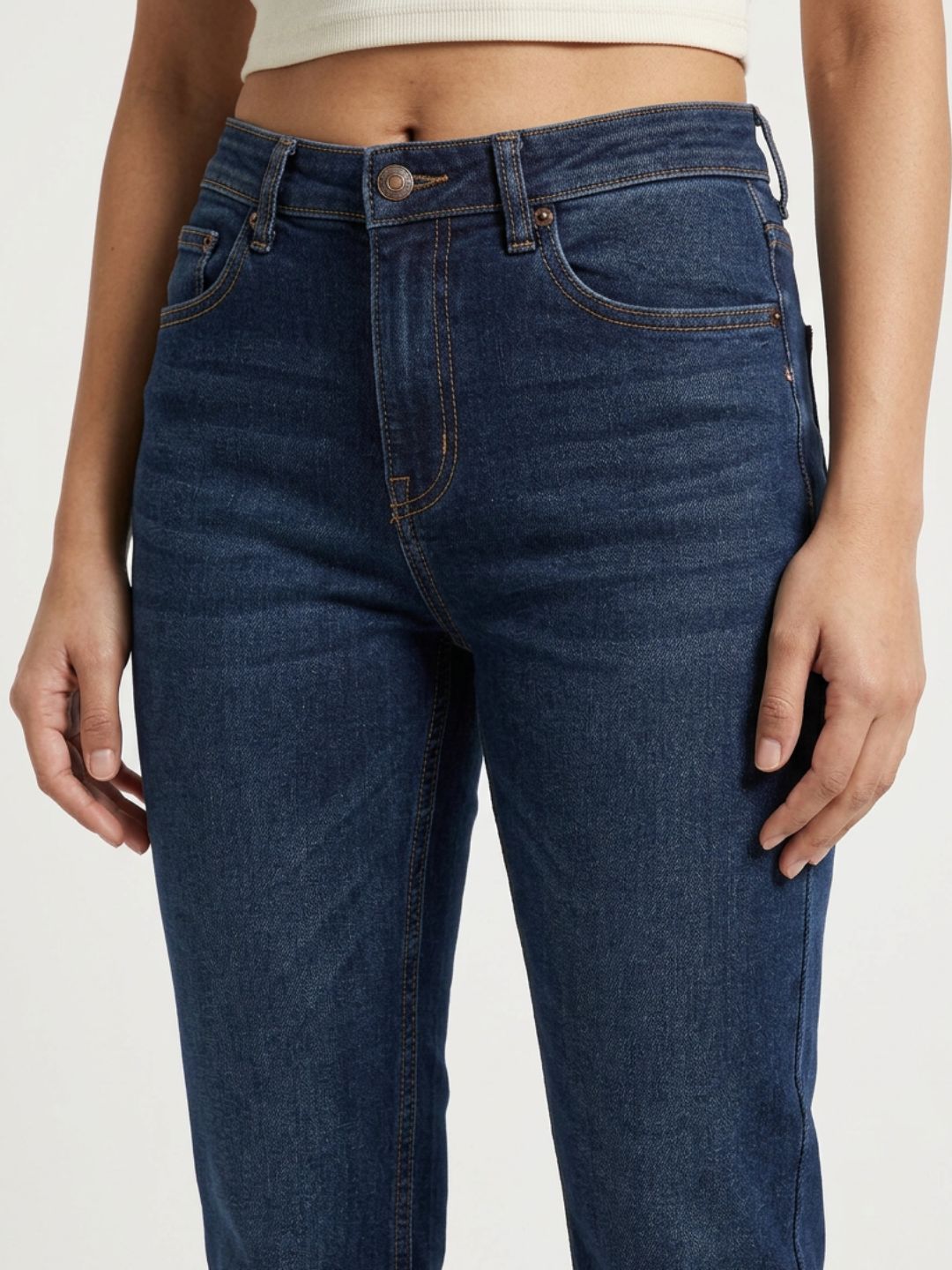 Straight-Fit High-Rise Dark Blue Denim with Whisker Effect