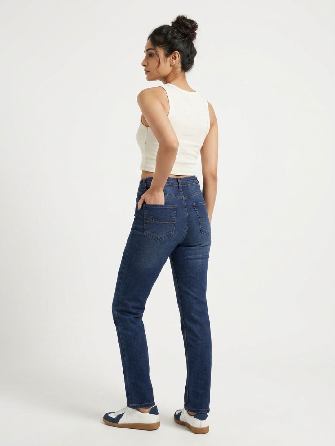Straight-Fit High-Rise Dark Blue Denim with Whisker Effect