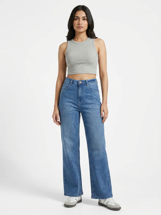 Straight-Fit High-Rise Blue Denim with Whisker Effect