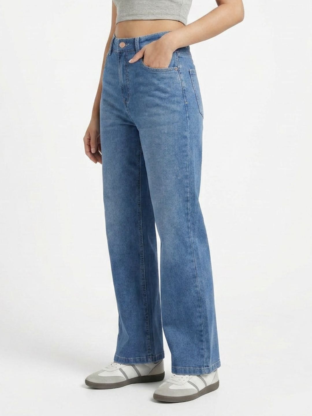 Straight-Fit High-Rise Blue Denim with Whisker Effect