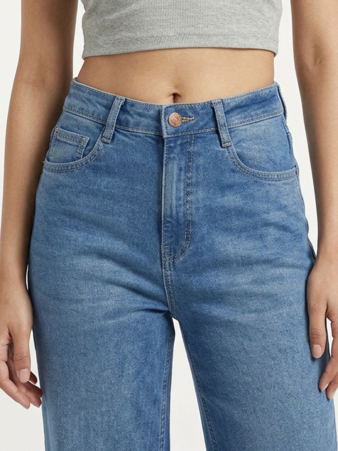 Straight-Fit High-Rise Blue Denim with Whisker Effect