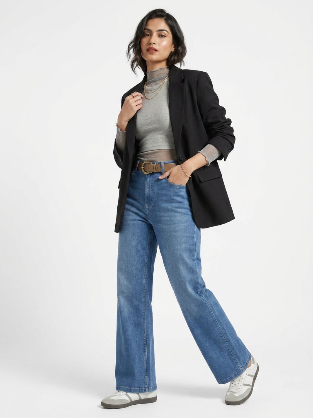 Straight-Fit High-Rise Blue Denim with Whisker Effect
